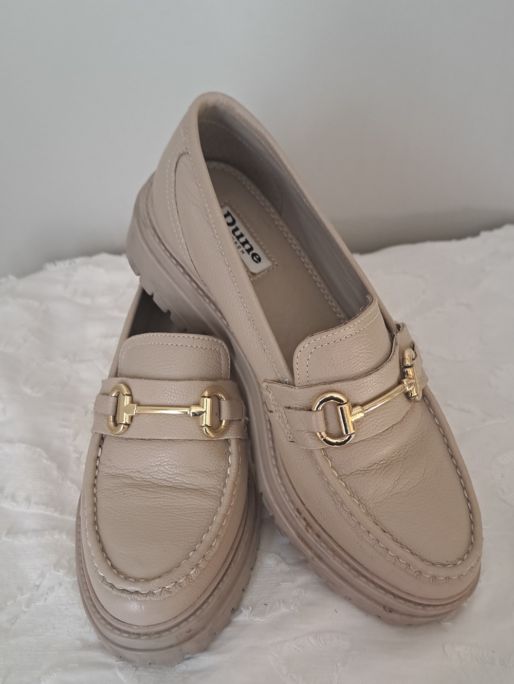Dune London Taupe Beige Neutral Leather Bit Loafers Lug Sole 7.5